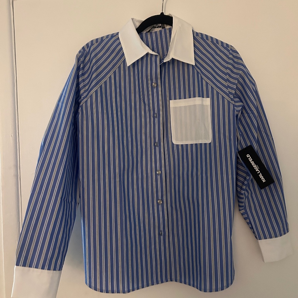 Karl Lagerfeld French Paris Blue Stripe Long Sleeve Blouse XS Work & Casual NWT